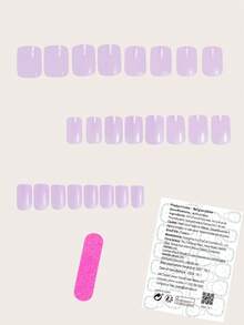 24片装短方形可重复使用美甲贴片，优雅浅紫色纯色全覆盖美甲贴片套装，专为女性和女孩设计。包含1张粘贴贴纸和1条迷你果冻胶条。随机发货。美甲用品 - 淡紫色 - 查看 2