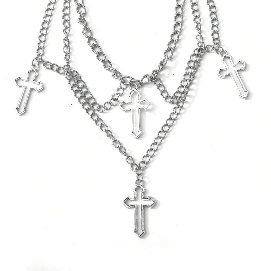 Un collar de cruz gótica de múltiples elementos y capas - Diseño simple y elegante - Adecuado para cumpleaños, inauguraciones escolares, ceremonias de graduación, fiestas de viaje diarias, festivales y temporadas de primavera/verano para usar - K blanca - Ver 1