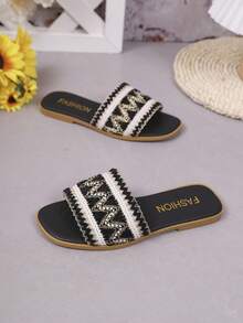 1 Pair Girls Woven Wave Striped Sandals, Girls Soft Bottom Non-Slip Slippers, Kids Summer Casual Outdoor Fashion Sandals - Black - View 8