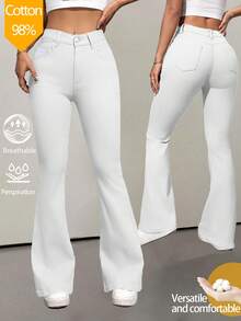 Women White High Waisted Flare Jeans Stretch Slim Fit Butt Lifting Denim Pants Fashion Casual Comfortable Everyday Wear - trắng - Xem 3