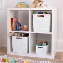 Cesta decorativa de plástico de yute para organización y almacenamiento, cubos perfectos para la oficina en casa, estantes de clóset, despensa de cocina y todos los elementos esenciales de - Blanco - Ver 5