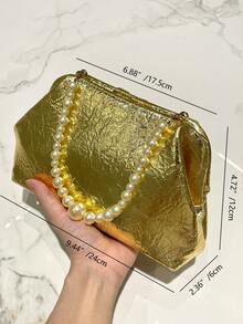 1pc Shiny Gold PU Clutch Bag With Pearl Bracelet, Elegant Lady Fashion Handbag, High-End Pleated Cloud Shoulder Bag, Suitable For Evening Party, Wedding, Banquet, Gathering - Gold - View 4