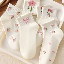 5 đôi tất trẻ em in họa tiết hoa, kiểu dáng thường ngày dễ thương, dài đến bắp chân, thích hợp cho mùa xuân/hè. - Nhiều màu - Xem 5