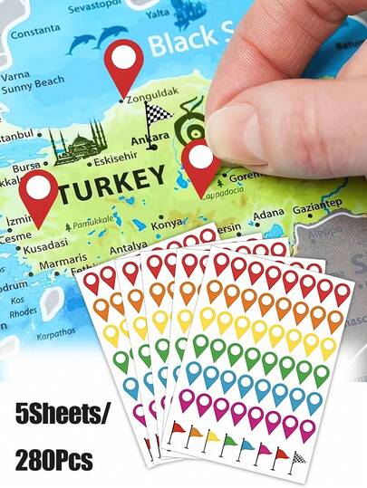 280 Stück selbstklebende Karten-Standort-Aufkleber - farbcodierte ablösbare und klebende Richtungsschilder mit ikonischen Standortmarkierungen, strapazierfähiges Papier, geeignet für Camping, Reisen und Bastelarbeiten