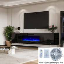 Floating Fireplace TV Stand, Wall Mounted Mirrored Entertainment Center With 40'' Electric Fireplace, Modern LED Lights Media Console For TVs Up To 90'', Stylish Floating TV Stand Furniture, All Black - màu đen - Xem 10
