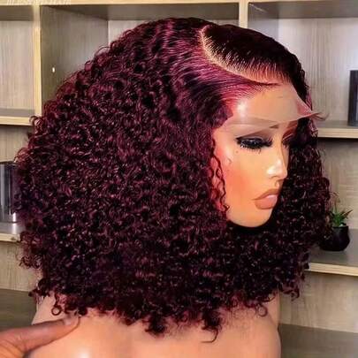 200% 密度酒红色卷发假发，巴西 13x4 蕾丝前假发，女士 99j# 彩色波波头假发，自然预拔毛，适合派对、约会、节日、工作、学习、爱情礼物、狂欢节、圣帕特里克节、音乐节、情人节等各种场合。