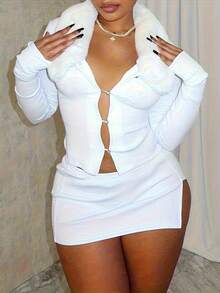 Women's Y2K  Faux Fur Collar Mini Skirt Set With Cutout & Button Details - Perfect For Daily, Commute, Travel & Outings - trắng - Xem 1