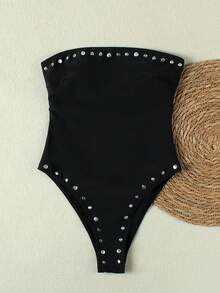 女士黑色无肩带金属铆钉高腰性感连体泳衣，时尚海滩度假泳装，适合2026年春夏，完美适用于海滩旅行、夏季度假、生日装扮、健身、优雅晚装和日常外出。 - 黑色 - 查看 2