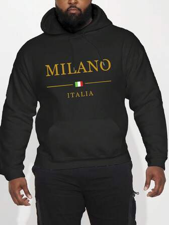 Sudadera con capucha casual y cómoda para exteriores de talla grande para hombres, con estampado de letras, color negro, para otoño/invierno