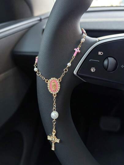 1 pieza Adorno de rosario con cruz y perla rosa para volante, Accesorio de colgante de rosario para auto, Accesorio de decoración de auto de moda único