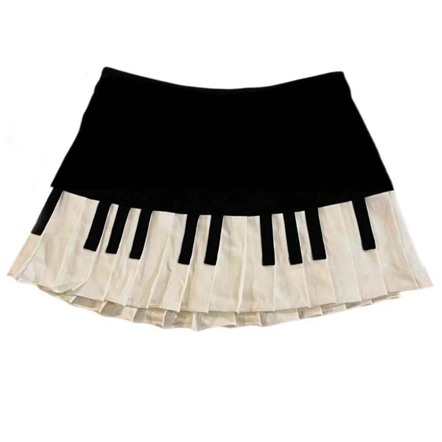 Women Piano Mini Skirts Y2k Harajuku Dark Coquette Aesthetic Grunge Black White Spliced Short Skirt - 黑色 - 查看 1