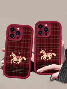 简约格子马图案手机壳，兼容 17 Pro Max、16 Pro、15 Plus、14、13、12、11，柔软保护套带挂绳，节日设计 - 紅色 - 查看 4