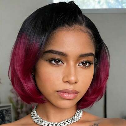 女士短直发精灵短款真人发假发 - 150% 密度 13x4 蕾丝前额，黑到酒红色渐变，时尚优雅，适合日常和派对佩戴。