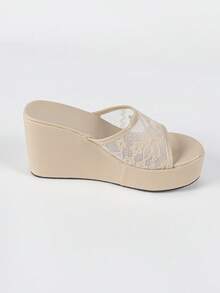 Women's Platform Wedge Sandals, New Spring/Summer Wedge Thick Bottom Simple Strap Mesh Apricot Slippers, Women's Platform Wedge Sandals, Fashion Summer Round Toe Thick Sole Casual Shoes, Versatile Plus Size Women Shoes, Fashion Lace Mesh Party Shoes, Apricot Color - Apricot - View 9