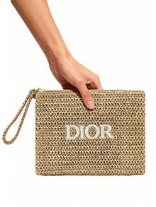 Christian Dior New Embroidered Logo Straw Bag, Size 23.5*17*1cm. Elegant Cosmetic Bag, Minimalist And Fashionable Storage Bag, Convenient Handbag, Also Suitable For Organizing Your Toiletry Bag. - Beige - View 6
