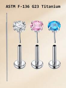 G23 Titanium Alloy Threadless Lip Stud 20g, CZ Gem Embedded Lip Rings, Suitable For Lip, Ear Cartilage Piercing, Available In Pink, Blue CZ, Unisex - Zirconium - View 5