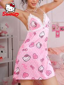 Sanrio Hello Kitty 女士蕾丝拼接露背睡衣三件套，粉色，饰有字母、爱心和波点印花，深V领，短款睡裙，可爱睡衣套装，性感迷人，性感连衣裙，家居服 - 粉色 - 查看 3