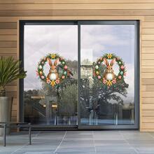 1个/2个可爱花环和复活节兔子窗贴，双面透明静电玻璃贴纸，适用于卧室、客厅、玄关墙面装饰，复活节主题 - 彩色 - 查看 2