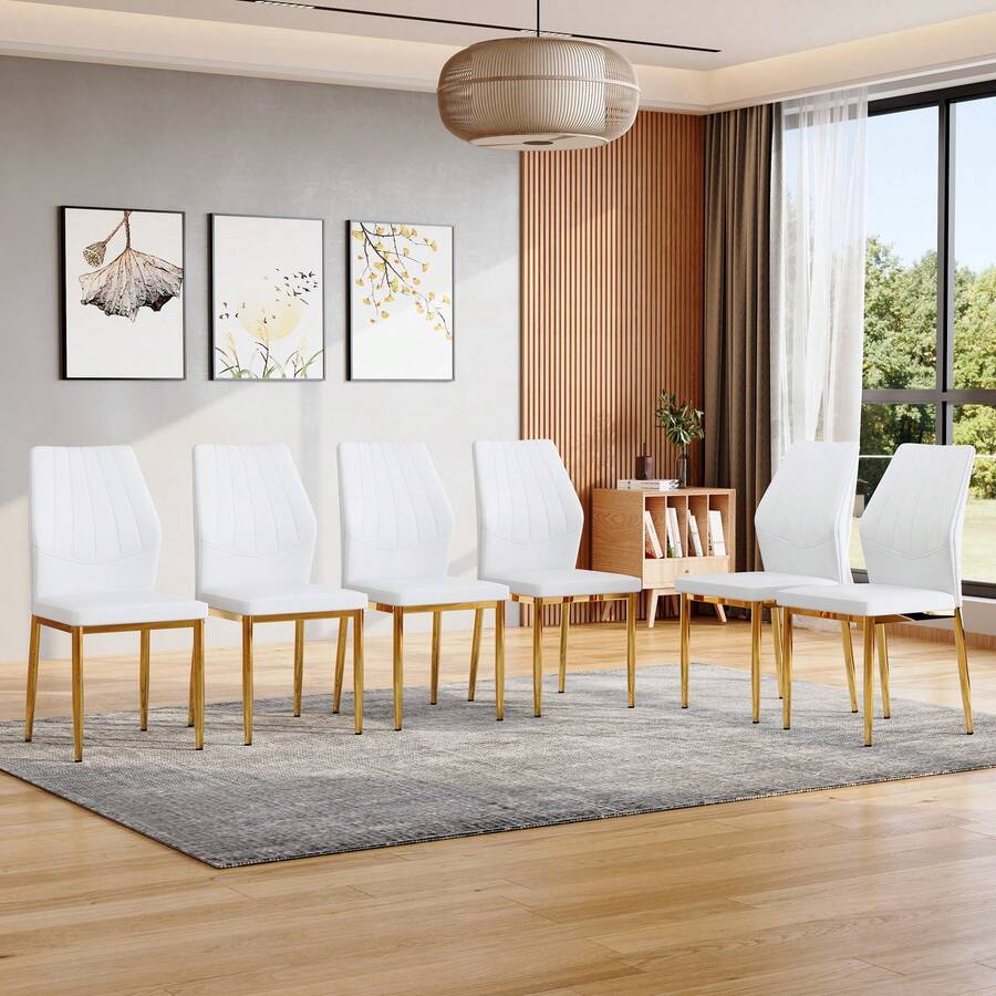 MUUOKY Modern Dining Chair Set Of 6, Faux Leather Upholstered Dining Room Chairs With High Back And Sturdy Metal Legs, Armless Kitchen Chairs With Comfortable Padded Seat, Perfect For Dining Room, Kitchen, Living Room, Or Apartment, Easy To Clean And Assemble, Ideal For Holiday Meals, Thanksgiving, Christmas And Home Decor - 白色+金色 - 查看 1