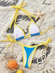 2pcs Women's Swimsuit Set, Yellow & Blue Contrast Color Tie-Up Crop Top And Tie-Side Bikini Bottom, Summer - Blue - View 6