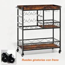 Carrito multifuncional para cocina y comedor, carrito de almacenamiento con ruedas de madera estampada retro de 31.5 pulgadas (con estante para vino) - Marrón - Ver 6