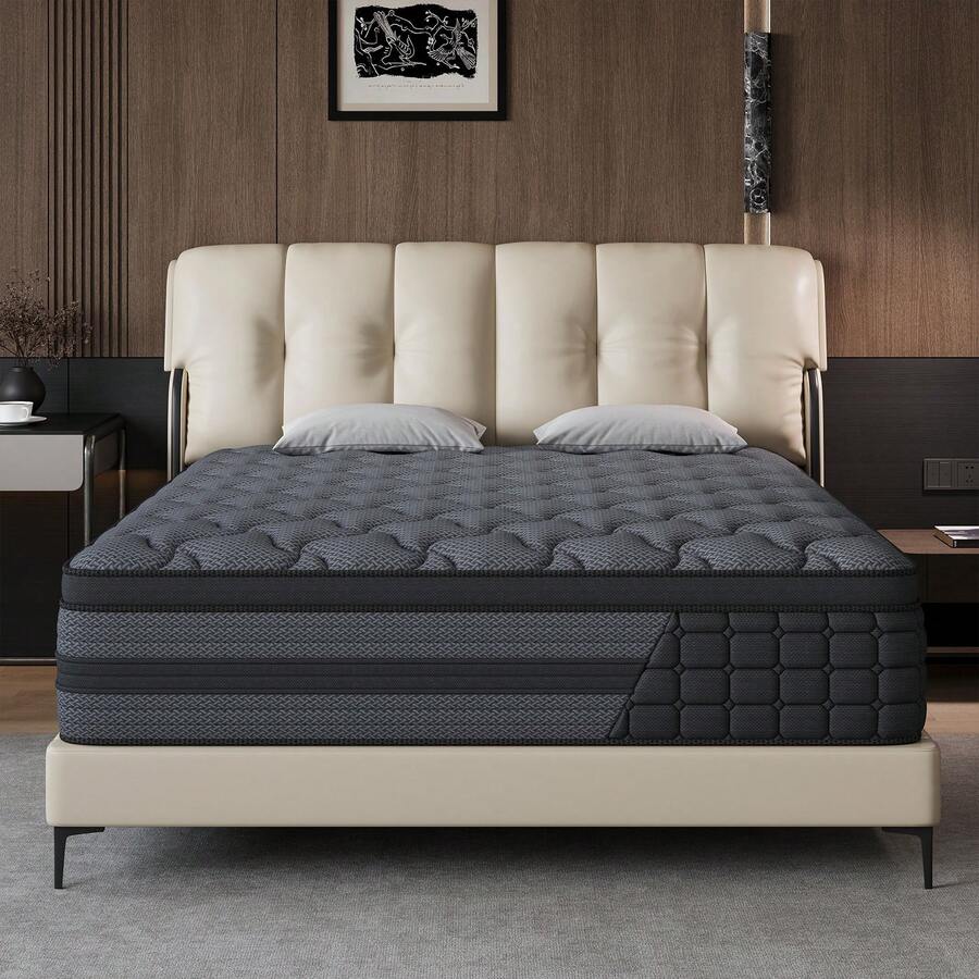 12"/14" Queen Mattres Twin Full Queen King Size Bed Mattress In A Box, Hybrid Pocket Spring Breathable Cotton Layer Mattress For Motion Isolation & Silent Sleep, Lumbar Support & Pressure Relief, Medium Firm - Màu xám than 12 inch - Xem 1