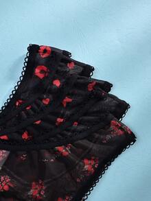 5pcs Women's Thong Panties - Black Solid, Sexy Red Floral, Waist Ruched Ruffle Trim - Black - View 3