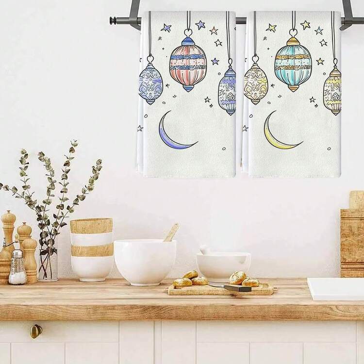 1/1/2 Sets Of Ramadan Themed Kitchen Towels - High Absorbency, Soft Polyester Fiber Dishwashing Towels Designed With Holiday Lanterns And Crescent Patterns, Simple And Elegant Style With A Size Of 40 * 60cm - Suitable For Cooking And Baking, Suitable For Decoration In Living Rooms, Kitchens, Dining Rooms, And Holiday Parties, And Can Be Used As Housewarming Gifts. - Multicolor - View 9
