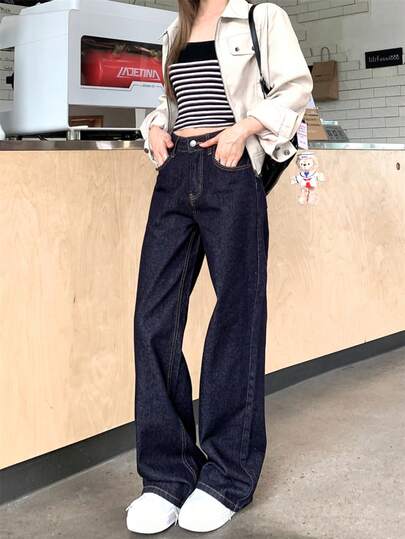 藏蓝色牛仔裤，女士低腰直筒裤