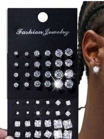 2-24pcs/Set Minimalist Punk Geometric Circle, Square, Heart Zirconia Stud Earrings For Men, Glamorous Party, Festival, Vacation, Music Event, Couple, Party, Date, Gift, Casual Wear