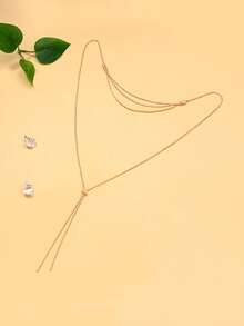 1件性感长款流苏露背身体链项链，时尚多层水晶吊坠项链 - 金色 - 查看 5