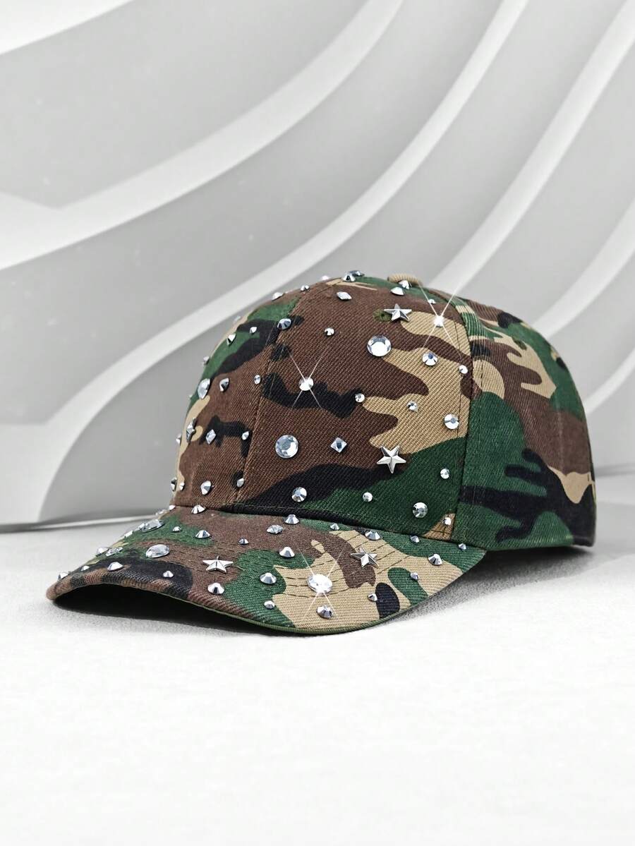 1顶迷彩水钻棒球帽，时尚男女通用户外可调节帽，涤纶材质，春夏款 - 彩色 - 查看 1