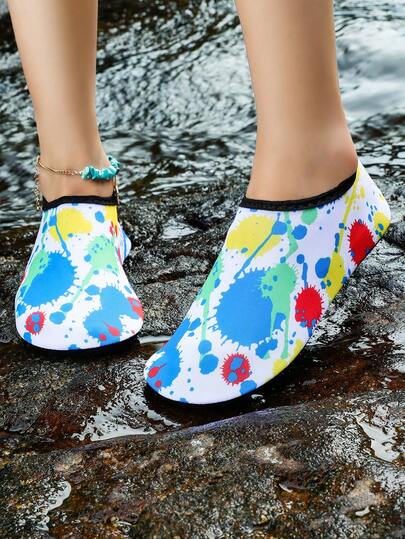 Casual Shoes With Colorful Ink Splash Pattern On White Base, Lightweight & Breathable Material Closely Fits The Foot Shape, Suitable For Relaxing At Home, Swimming Pool, Beach Strolling, Yoga & Light Exercise, Unisex Design, Vibrant Splatter Ink Print Adds Artistic Flair For Daily Wear And Outdoor Activities