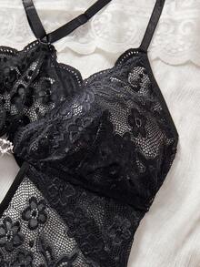 性感无裆内衣，女士蕾丝深V领性感连体衣，私密诱人睡衣，可调节肩带蕾丝印花吊带