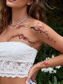 6 PIEZAS Tatuajes temporales de combinación con tinta de fusión de color, diseño de flor de ciruelo y loto, tatuajes falsos para DIY, carnaval, San Valentín, fiestas y festivales, adecuados para muñeca, tobillo, hombro, cuello, clavícula, pecho, abdomen y espalda - Multicolor - Ver 4