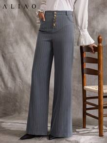 A&A Minimalist Metal Button Striped Wide Leg Suit Trousers, Pockets Pants, Wide Leg Pants Woman,Business Casual Woman, Wedding Guest Outfit, Back To School - Grey - View 5