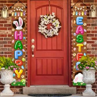 复活节兔子门廊横幅 - 色彩缤纷的春季迎宾门牌，饰有兔子和彩蛋图案，采用涤纶材质，适合节日家居入口装饰