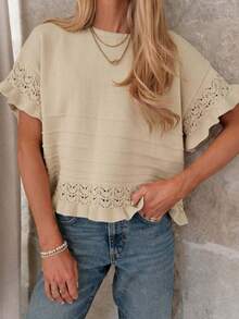Womens Ruffled Sleeve Sweater Round Neck Knit Crochet Pullover Summer Fall Casual Top Blouse - 卡其色 - 查看 2