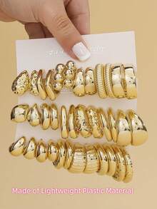 1-18 Pairs Fashionable Large Size Shiny Gold Plated Plastic Geometric Hoop Earrings Set, Skin-Friendly Minimalist Earrings For Women Daily Wear - Yellow Gold - View 3