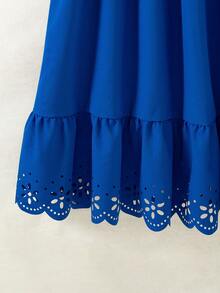 Gaun Kasual Anak Perempuan Remaja Warna Polos dengan Detail Kerutan Motif Bunga di Bagian Bawah - Biru - View 4