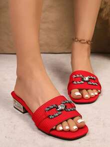 Women's New Fashion Red Rhyme Square Rhinestone High Heel Sandals, Fashionable & Versatile, Comfortable & Easy To Slip On, Suitable For Shopping, Dating, Commuting, Party, Banquet And Various Occasions - Red - View 2