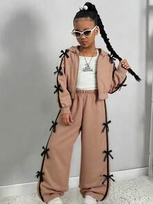 Girls Autumn/Winter Fashion Set, Short Hooded Sweatshirt With Bow Decor & Wide Leg Pants - Khaki - View 2