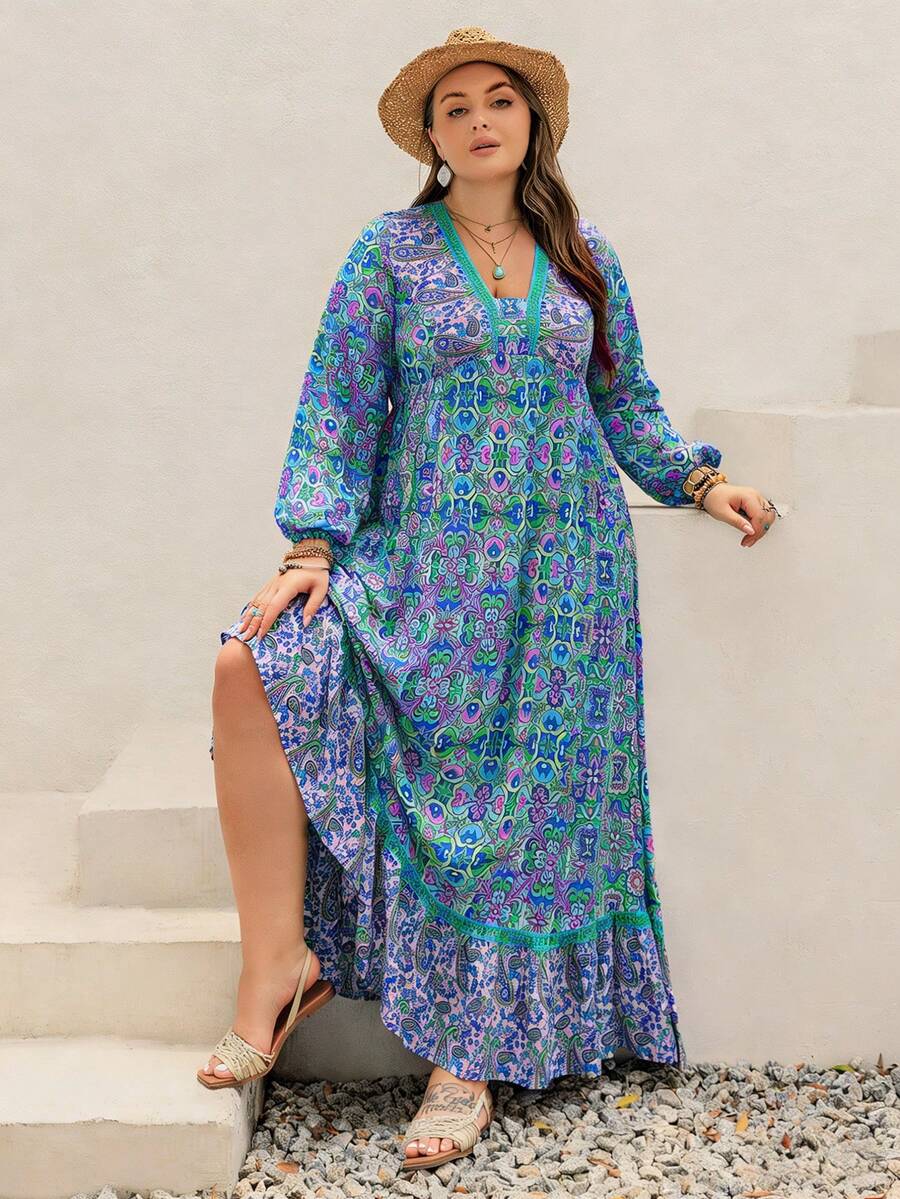 Rusttydustty Đầm maxi dài tay in hoa phong cách Bohemian dành cho nữ cỡ lớn, thích hợp cho tiệc trà và kỳ nghỉ, nhiều màu sắc, cổ chữ V, vạt xếp lớp, dáng suông thanh lịch. - Màu xanh lam - Xem 1