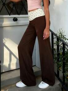 Women's Lightweight Soft Lounge Pants Floral Print Fold Over Waist Wide Leg Trousers For Vacation Home - Màu nâu - Xem 5