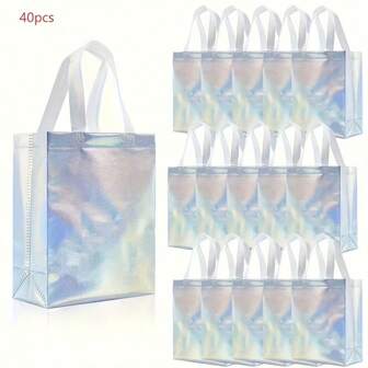 40个彩虹色激光无纺布礼品袋，尺寸8x4x10英寸，高品质可重复使用设计，适合送礼和装饰。