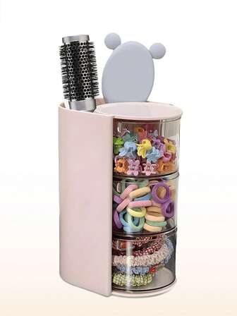 1 Set Organizador de accesorios para el cabello de niñas con soporte para cepillo de cabello, soporte giratorio para brochas de maquillaje para collares, aretes, pulseras, anillos, brochas de maquillaje, pinzas para el cabello y accesorios para el cabello (Rosa, 3 niveles)