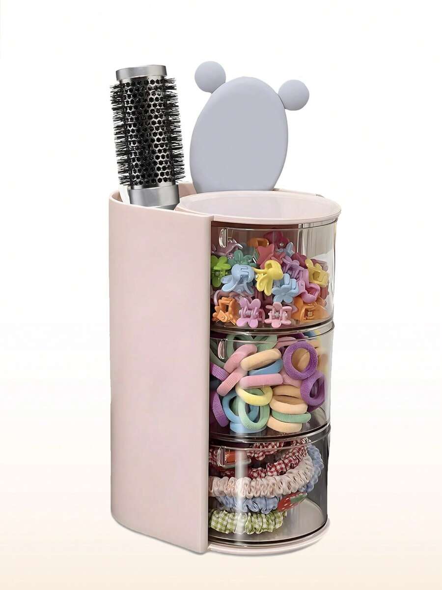 1 Set Girls' Hair Accessory Organizer Rack, With Brush Holder & Rotatable Makeup Brush Holder, Suitable For Necklaces, Earrings, Bracelets, Rings, Makeup Brushes, Hair Clips And Hair Accessories (Pink, 3-Tier) - Pink - View 1
