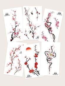 6 PIEZAS Tatuajes temporales de combinación con tinta de fusión de color, diseño de flor de ciruelo y loto, tatuajes falsos para DIY, carnaval, San Valentín, fiestas y festivales, adecuados para muñeca, tobillo, hombro, cuello, clavícula, pecho, abdomen y espalda - Multicolor - Ver 9