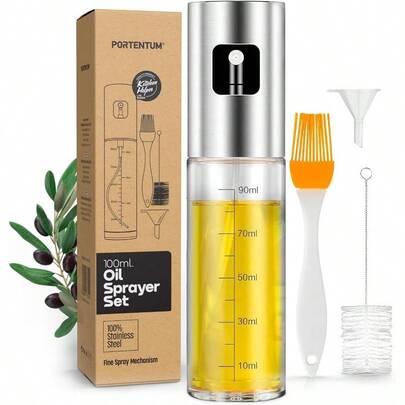 PORTENTUM Oil Spray Bottle 100ml Stainless Steel Olive Oil Dispenser Leakproof Oil Bottle With Accessories Oil Sprayer For Cooking BBQ Salad And Air Fryer