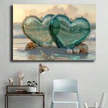 [2D Flat Canvas Wall Art] Bathroom Art Wall Decor 1Pc Framed Ready To Hang 2D Flat Bubble-Accented Teal Heart Canvas Wall Art, Prints, Posters, Mural, Wall Decor, Room Decor Aesthetic, Wrapped Framed Canvas Print, Home Decor, Living Room Office Decor, Canvas Artwork For Playful Spaces, Easy Hang, Suitable For Adults Who Prefer Whimsical Nature & Heart Designs, Perfect For Living Room, Bathroom, Office Decor Canvas Wrapped Inner Frame() - 白色 - 查看 5